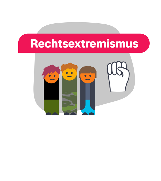 Grafik: Drei Menschen, daneben eine Faust, darüber steht "Rechtsextremismus"