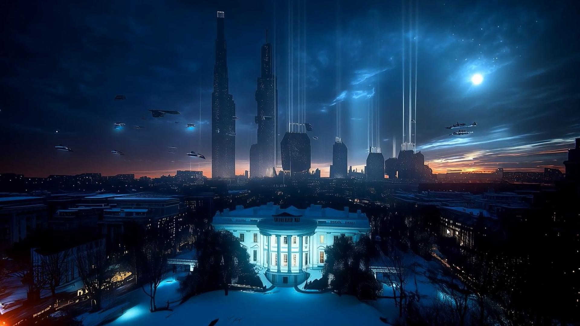 Computergeneriertes Bild eines futuristischen Washingtons bei Nacht: Im Vorderdrung ist das weiße Haus hell erleuchtet zu sehen, im Hintergrund ragen riesige Wolkenkratzer in den Nachthimmel.