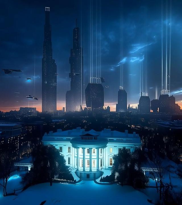 Computergeneriertes Bild eines futuristischen Washingtons bei Nacht: Im Vorderdrung ist das weiße Haus hell erleuchtet zu sehen, im Hintergrund ragen riesige Wolkenkratzer in den Nachthimmel.