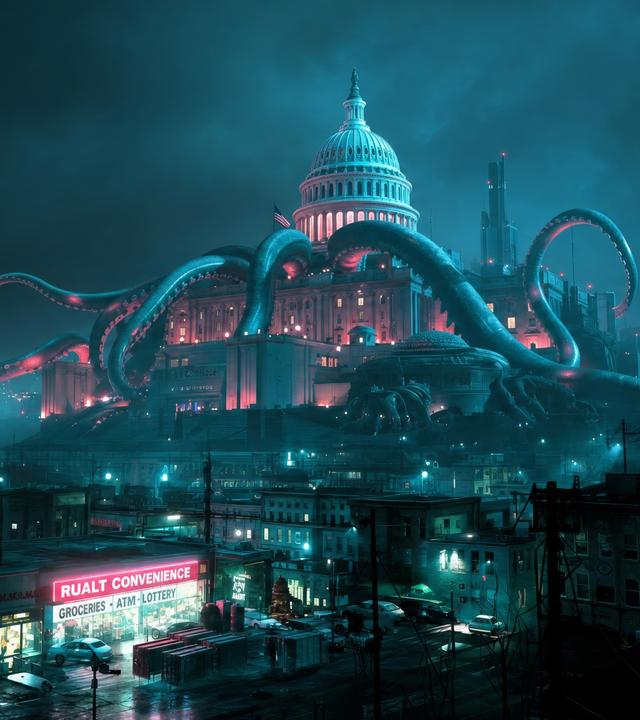 KI-generiertes Bild von einer Stadt im Dunkeln, über der sich ein beleuchtetes Capitol erhebt, um das sich Tentakeln schlingen.