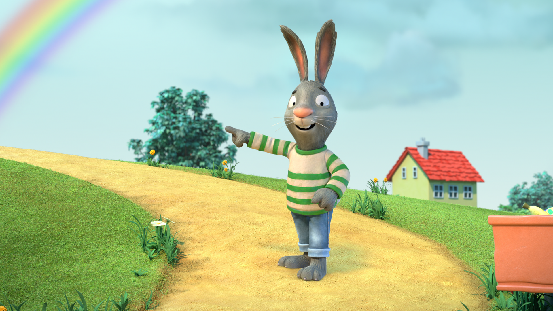 Pip, das Kaninchen zeigt mit ausgestrecktem Arm auf einen Punkt am Ende des Weges, von dem er denkt, dass dort das Ende des leuchtenden Regenbogens ist.