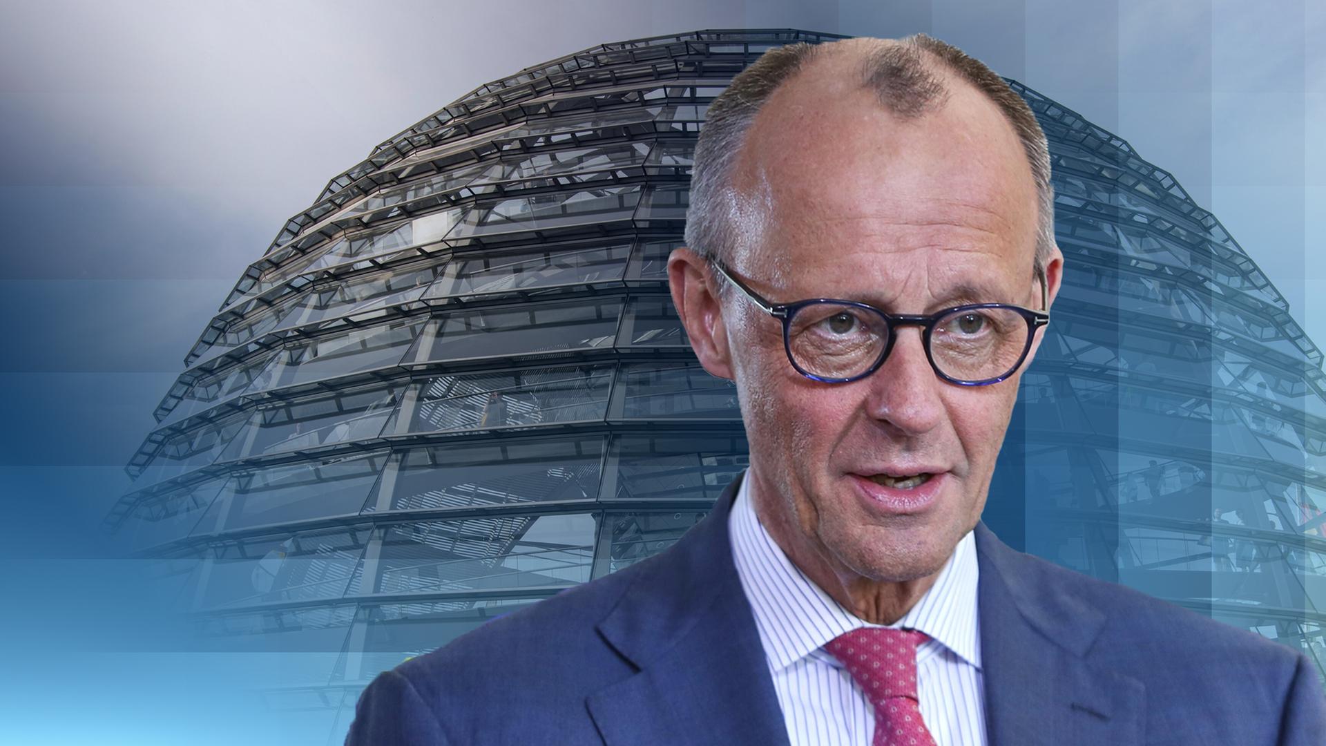 Friedrich Merz Bildausschnitt vor Bundestaggebäude.