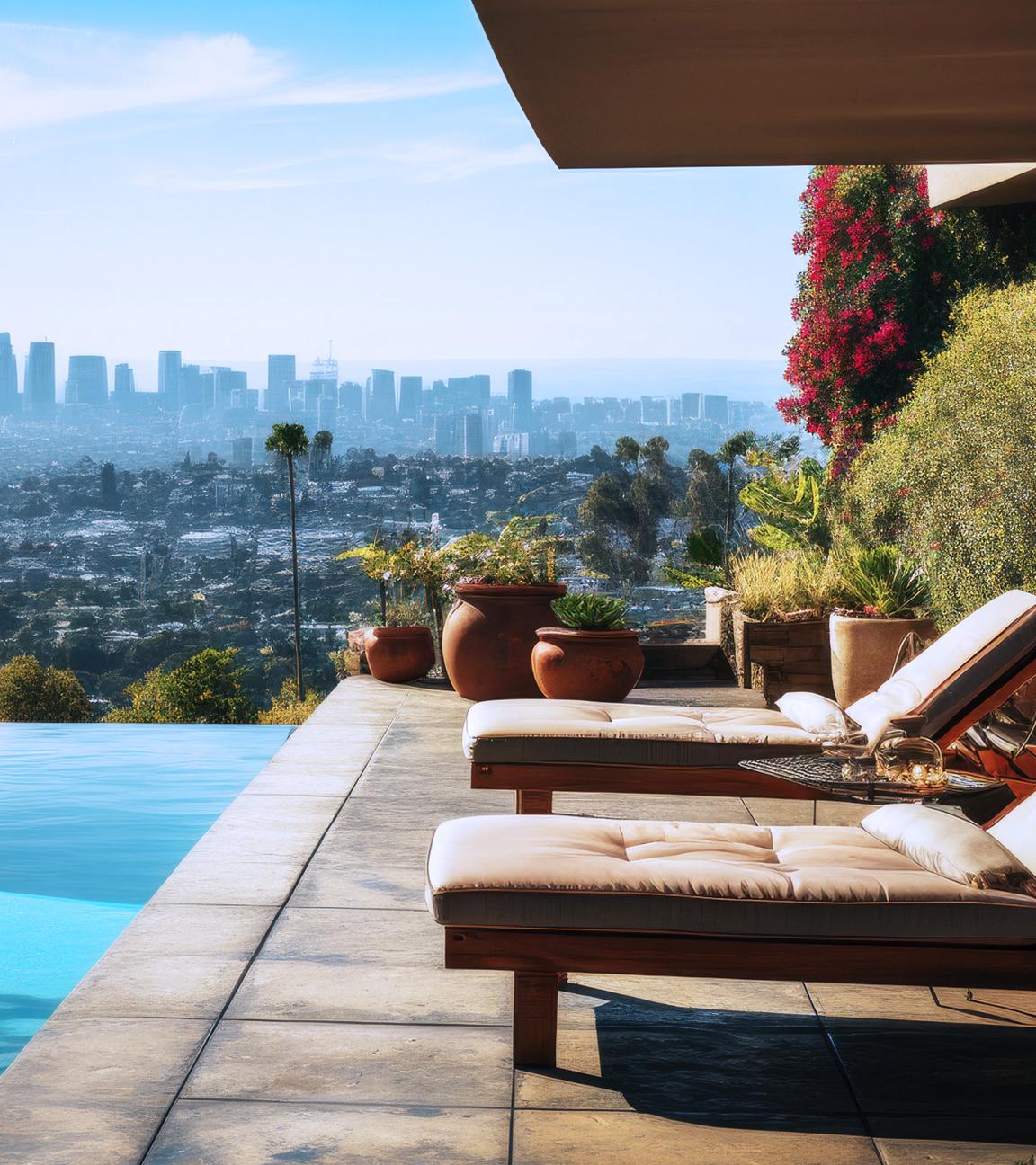 Blick von einer Terrasse mit Pool auf die Skyline von Los Angelos.