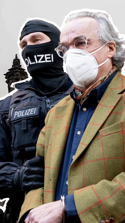 Heinrich XIII. Prinz Reuß bei seiner Verhaftung im Dezember 2022 ist vor dem Reichstagsgebäude als Hintergrund abgebildetet. 