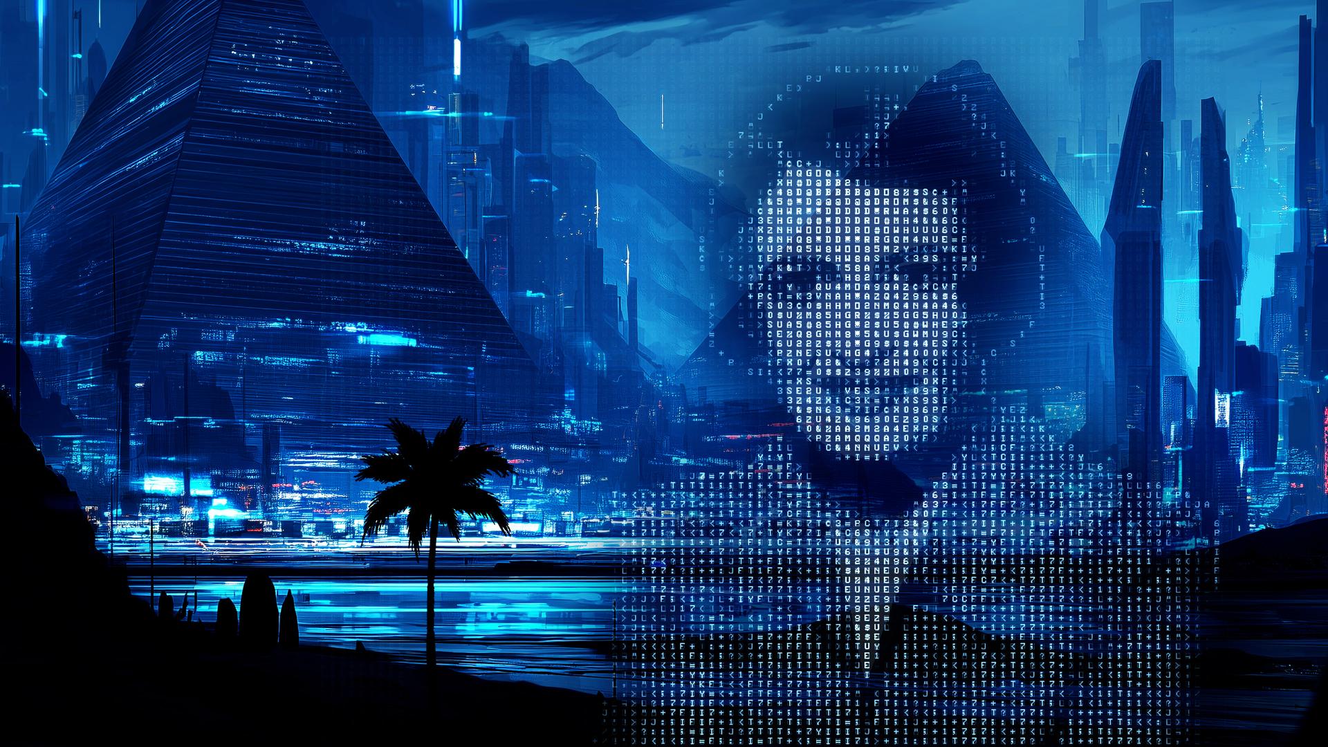 Auf einem blau eingefärbten Foto von einem See mit beleuchteter Stadt und Palmen ist ein verpixeltes Porträtfoto einer Frau zu sehen.