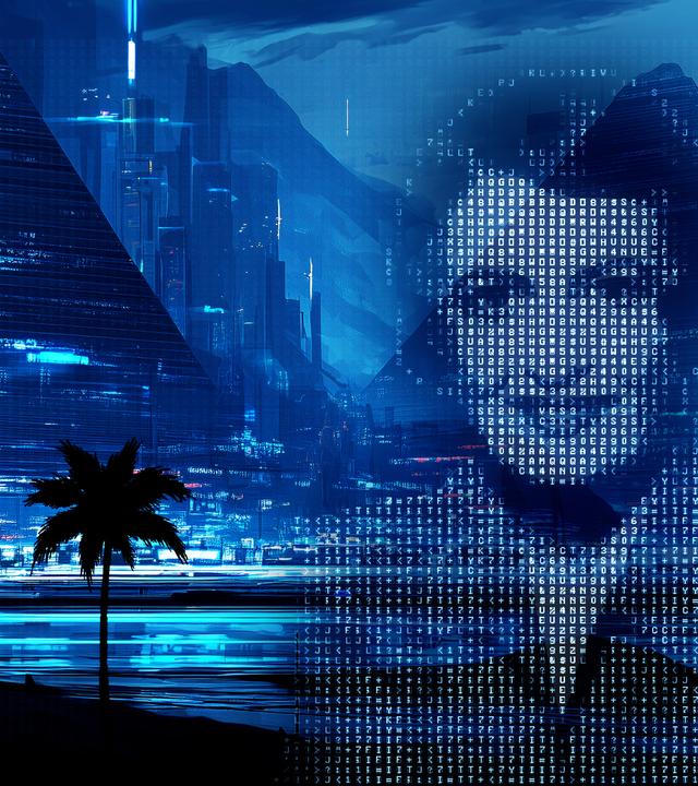 Auf einem blau eingefärbten Foto von einem See mit beleuchteter Stadt und Palmen ist ein verpixeltes Porträtfoto einer Frau zu sehen.