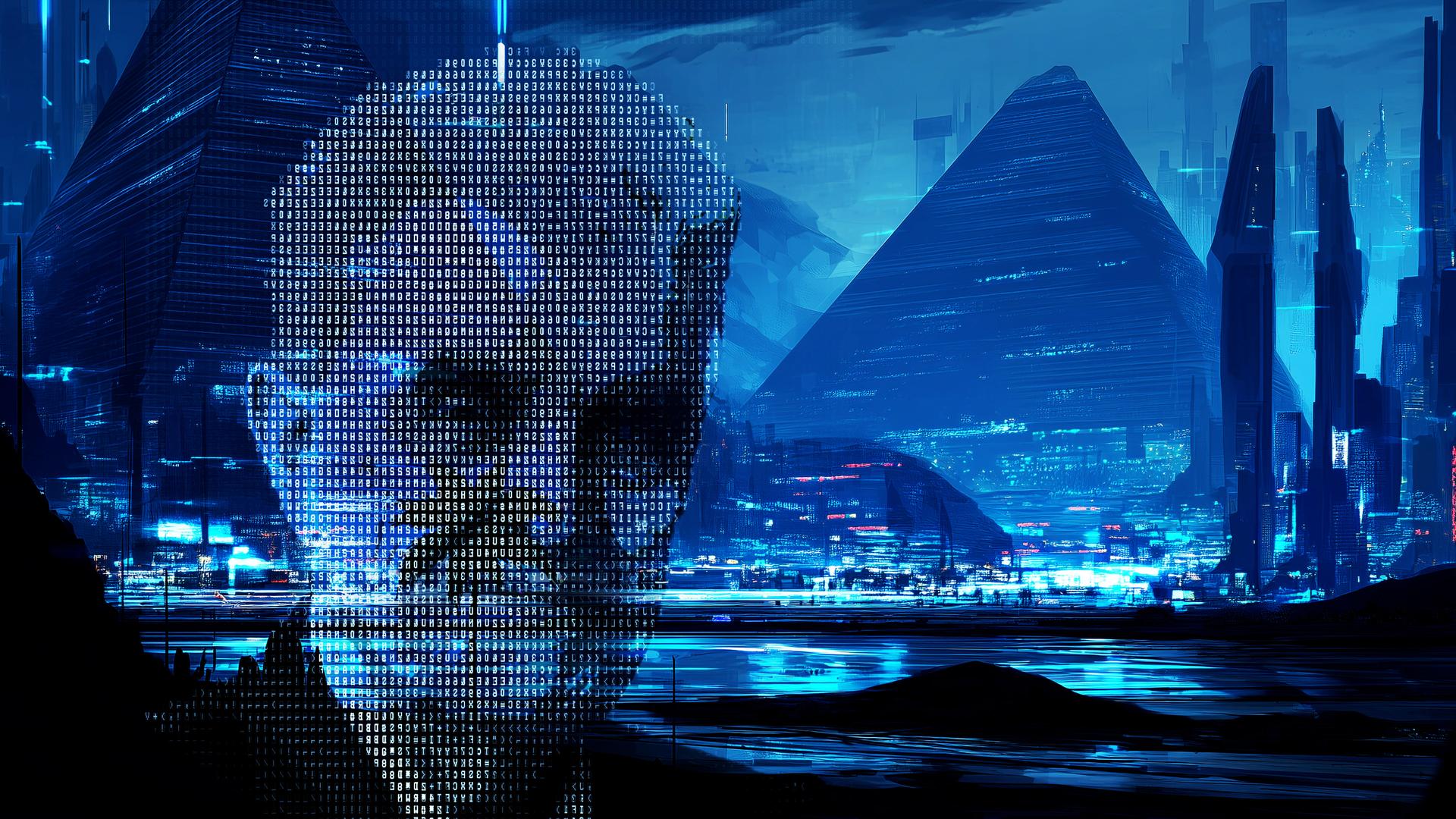 Auf einem blau eingefärbten Foto von einem See mit beleuchteter Stadt und Palmen ist das verpixelte Porträtfoto eines Mannes montiert.