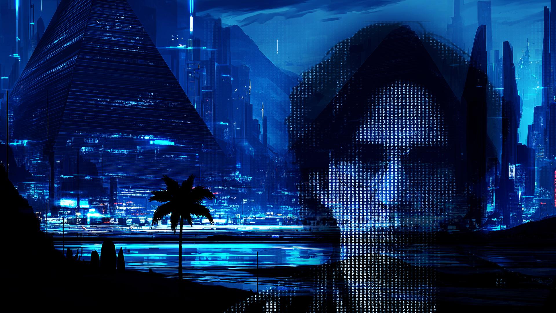 Auf einem blau eingefärbten Foto von einem See mit beleuchteter Stadt und Palmen ist ein verpixeltes Porträtfoto eines Mannes montiert.