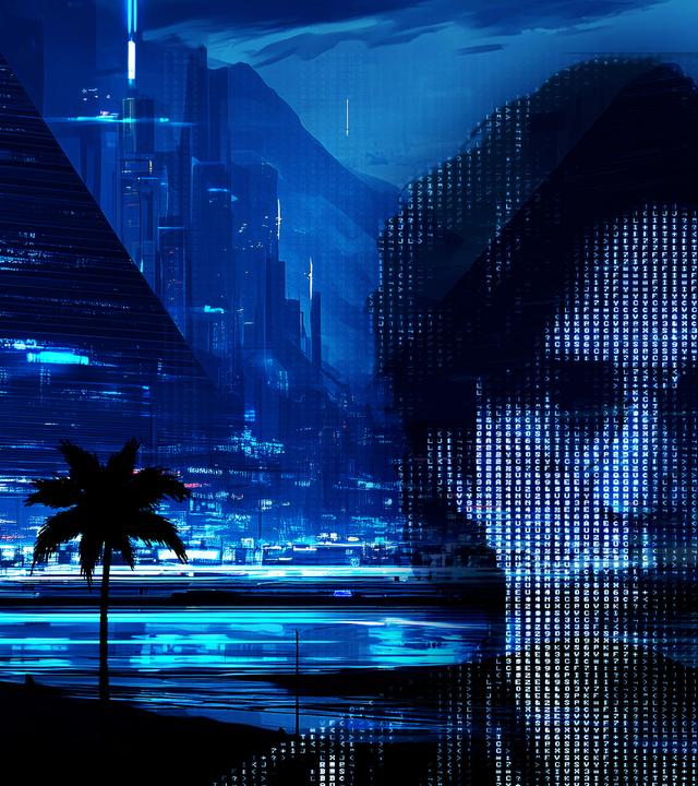 Auf einem blau eingefärbten Foto von einem See mit beleuchteter Stadt und Palmen ist ein verpixeltes Porträtfoto eines Mannes montiert.