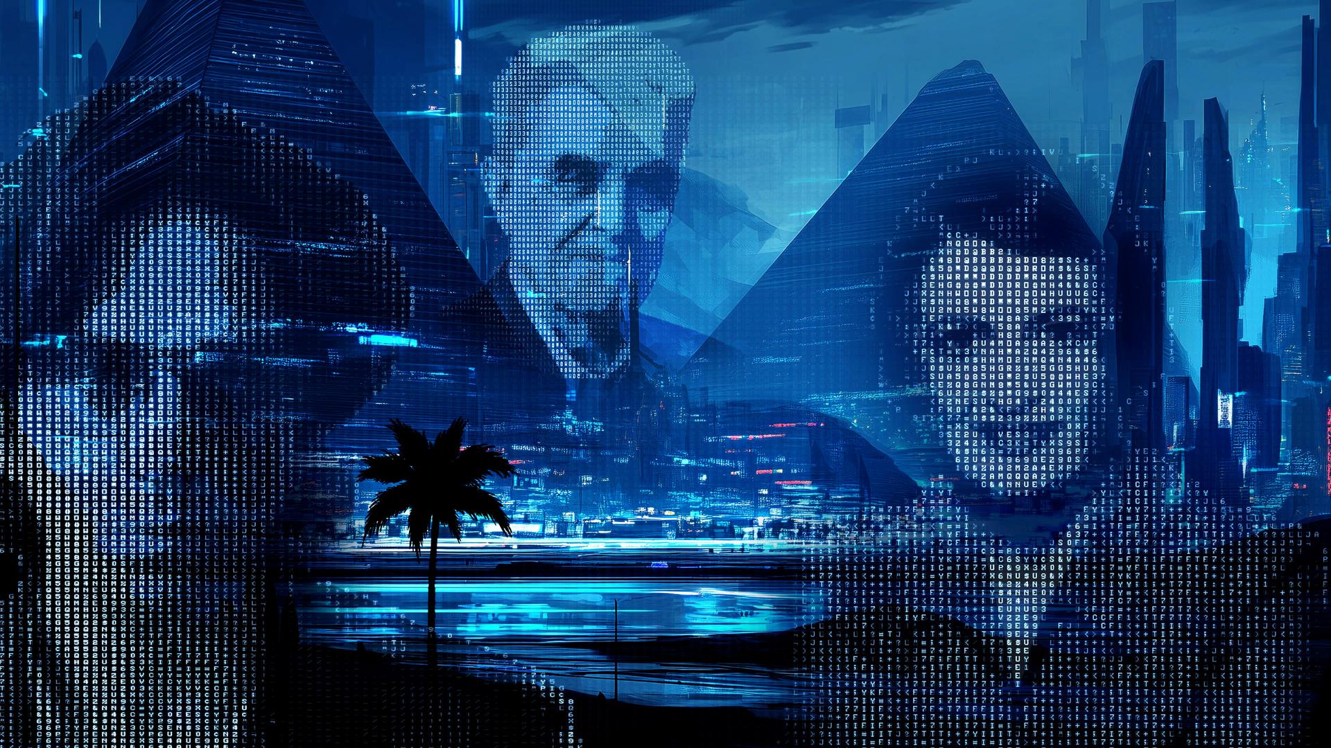 Auf einem blau eingefärbten Foto von einem See mit beleuchteter Stadt und Palmen sind 3 verpixelte Porträtfotos von Personen montiert.