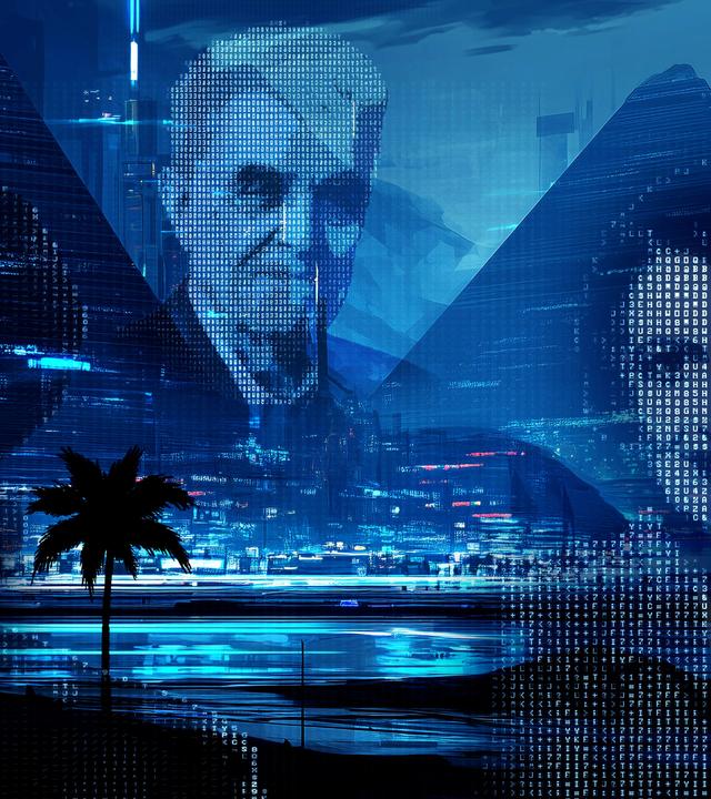 Auf einem blau eingefärbten Foto von einem See mit beleuchteter Stadt und Palmen sind 3 verpixelte Porträtfotos von Personen montiert.