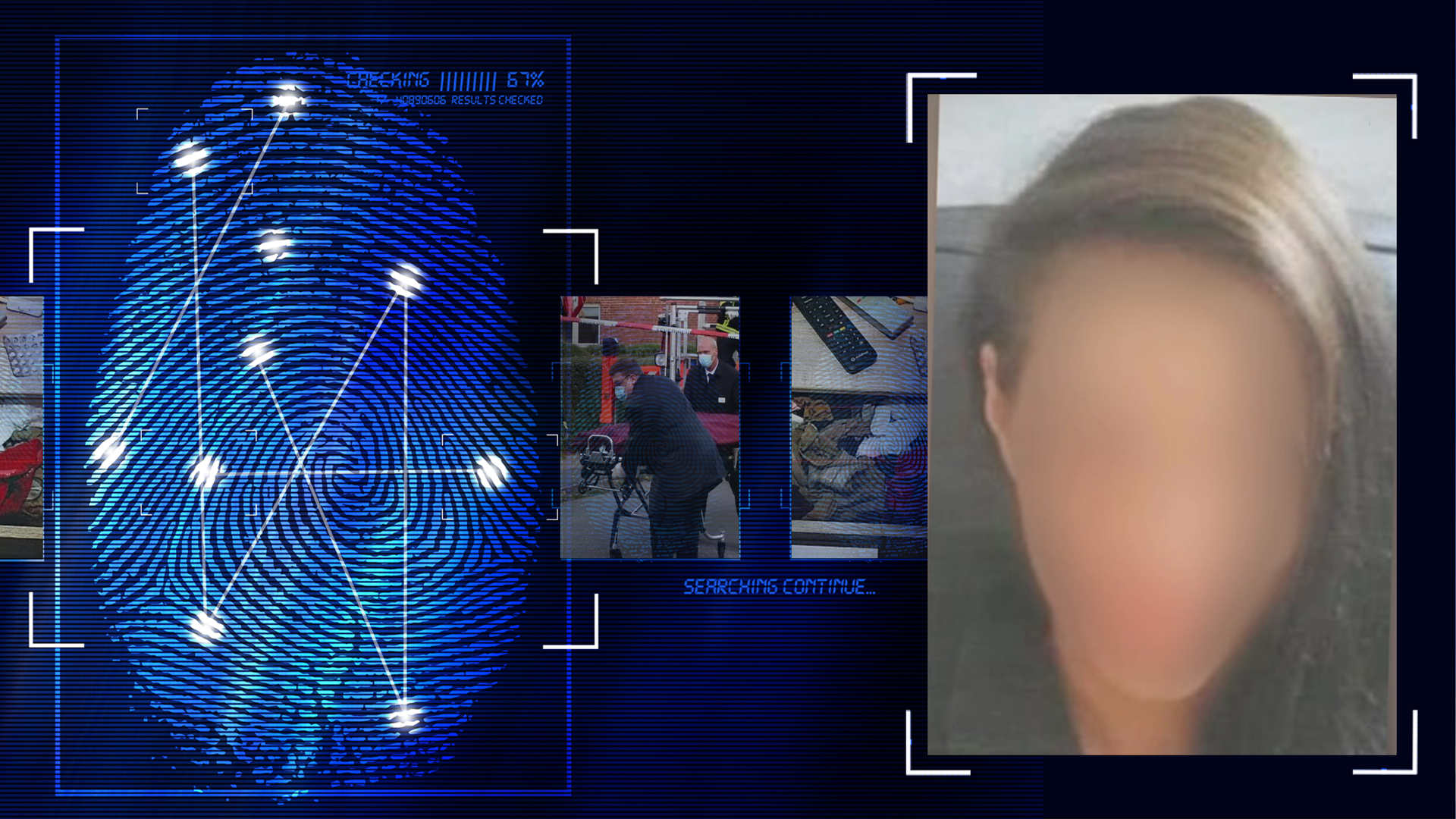 Eine Frau Anfang 20, lange braune Haare, Portraitaufnahme, das Gesicht wurde technisch verfremdet. Links daneben: Lichtschematische Darstellung eines Fingerabdrucks.