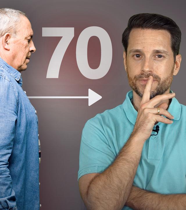 Mirko Drotschmann vor grauem Hintergrund, links ein Schaubild eines Jungen, der auf einem angedeuteten Zeitstrahl zu einem alten Mann wird, daneben die Zahl 70. 