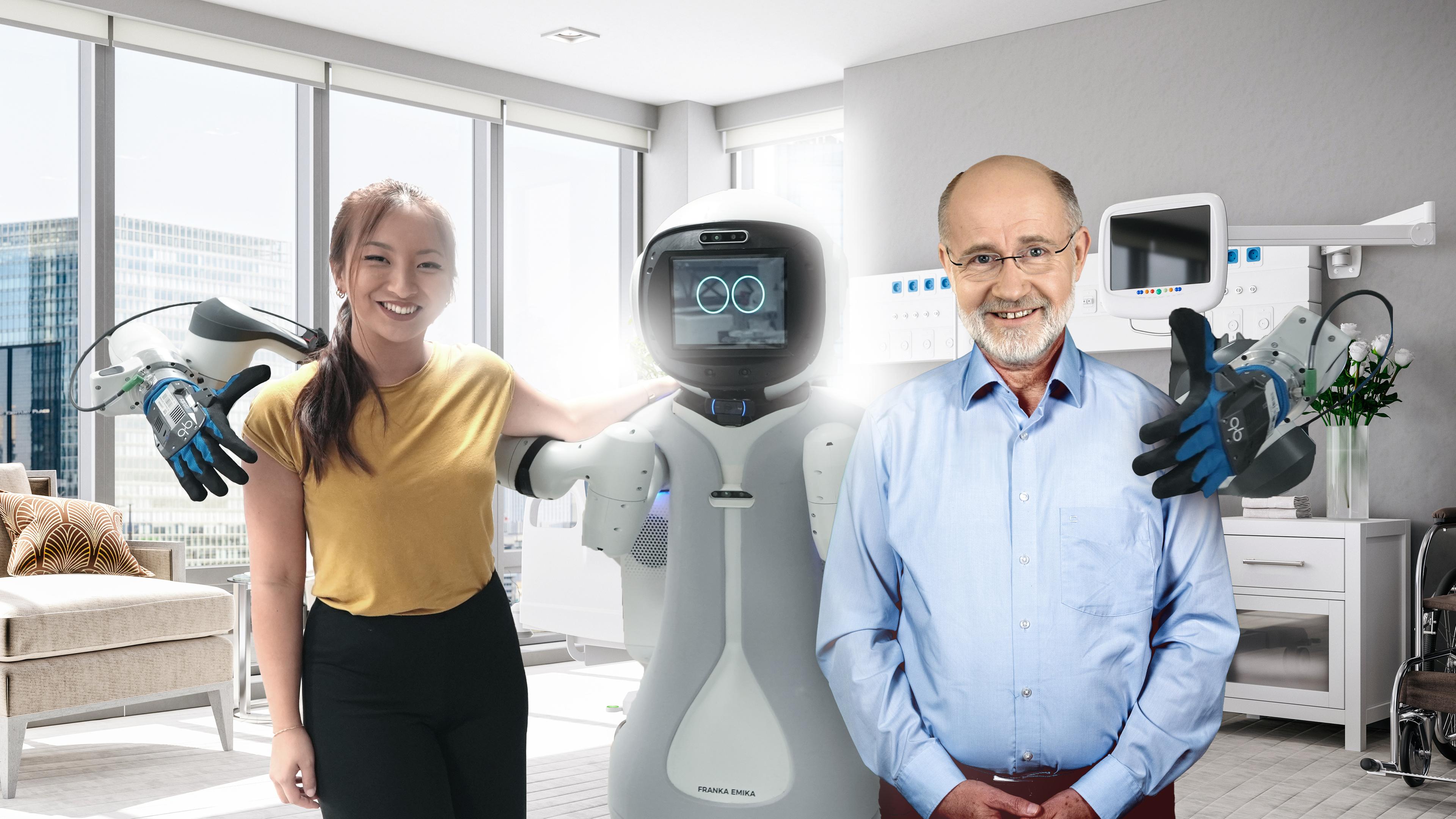 Roboter Garni umarmt Liyang Zhao und Harald Lesch