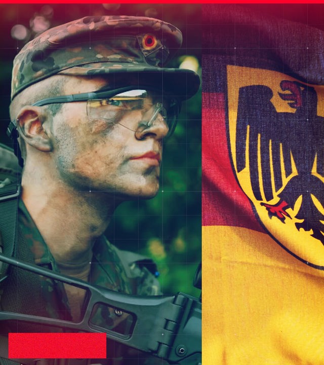 Splitscreen, links: Bundeswehr-Reservist mit Gewehr in der Hand bei Reservisten-Training, rechts Deutschlandfahne