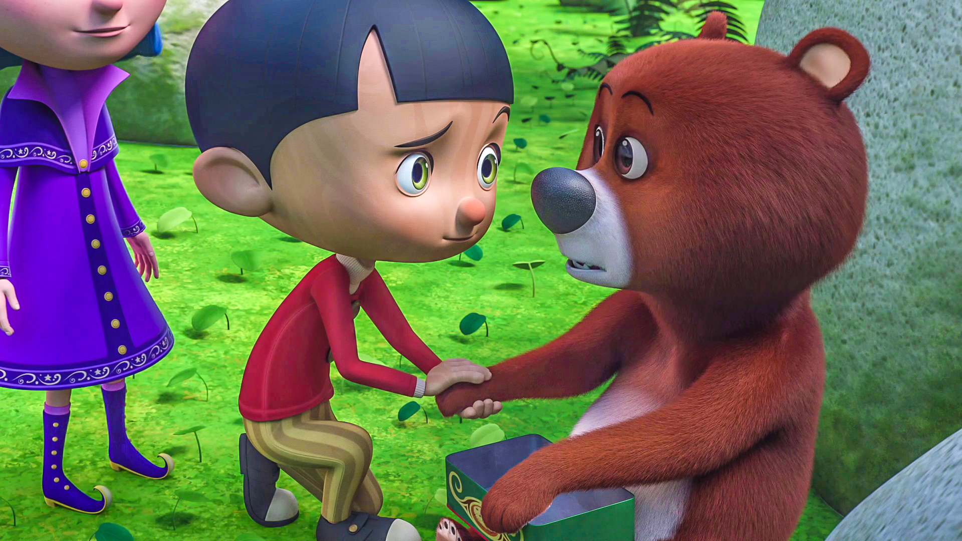 Betulla steht neben Pinocchio, der die Pfote des Zirkusbären Bibou hält.