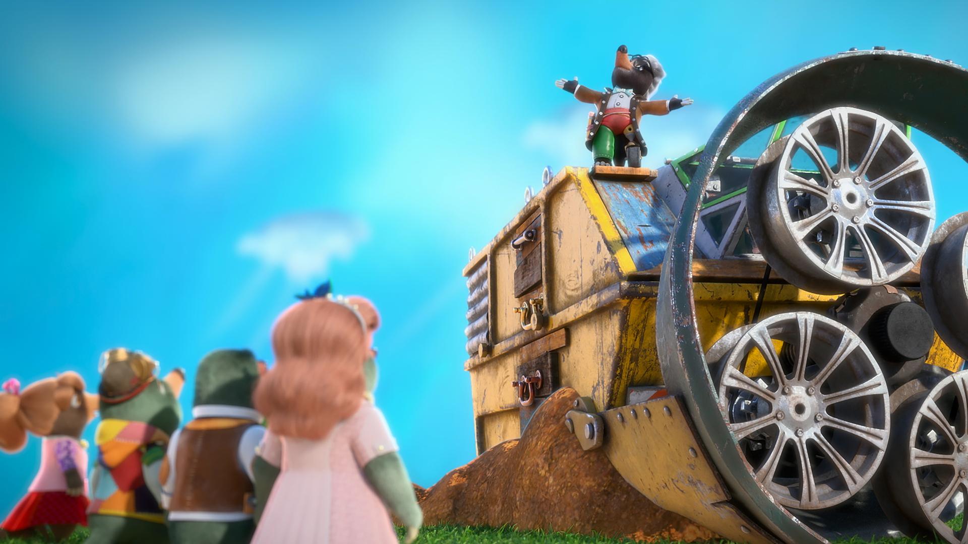 Mona Lisa, Moley und Moleys Eltern stehen auf einer Wiese vor einer monströsen Maschine, die einer Tunnelbohrmaschine nachempfunden ist. Um die Maschine herum liegt lose Erde. Auf der Maschine steht Mischmasch mit ausgebreiteten Armen und blickt gen Himmel.