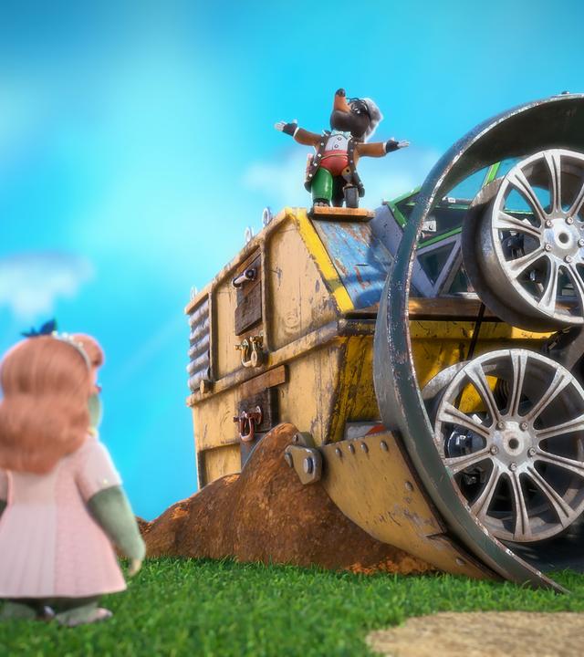 Mona Lisa, Moley und Moleys Eltern stehen auf einer Wiese vor einer monströsen Maschine, die einer Tunnelbohrmaschine nachempfunden ist. Um die Maschine herum liegt lose Erde. Auf der Maschine steht Mischmasch mit ausgebreiteten Armen und blickt gen Himmel.