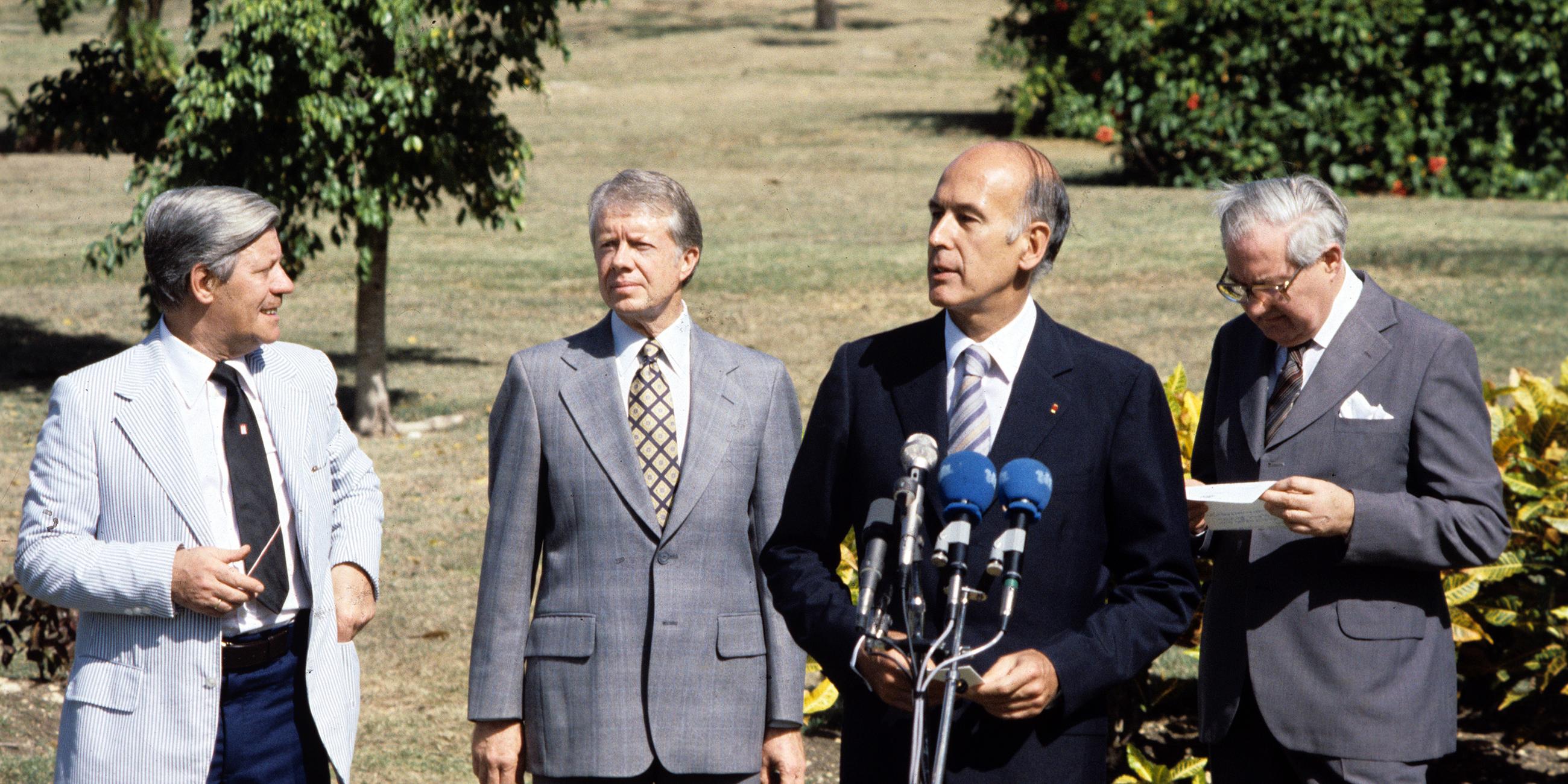 Januar 1979: Gipfelkonferenz in Guadeloupe mit Helmut Schmidt, Jimmy Carter, Valery Giscard D'Estaing und James Callaghan.