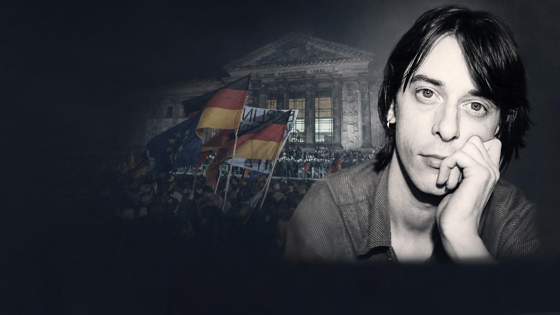 Auf der linken Seite des Bildes ist eine Szene mit vielen Personen vor dem Reichstag in Berlin anlässlich der deutsch-deutschen Wiedervereinigung zu erkennen. Auf der rechten Häfte des Bildes ist ein schwarz-weißes Portrait-Foto des jungen Rio Reisers zu sehen. Er hat den Kopf auf seine linke Hand gestützt und schaut nachdenklich in die Kamera.