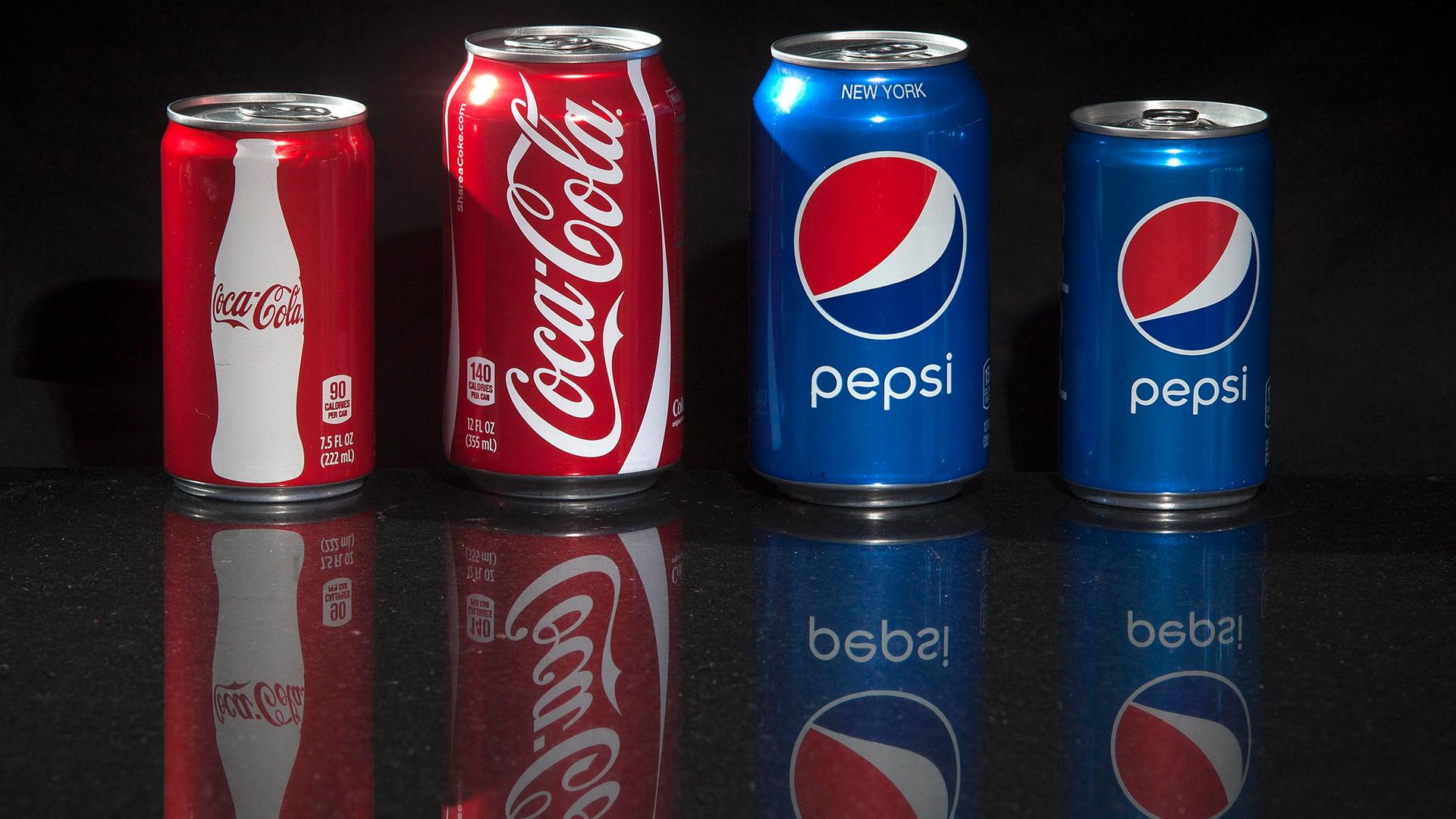 "Rivalen: Pepsi und Coca-Cola": Pepsi- und Coca-Cola-Dosen.