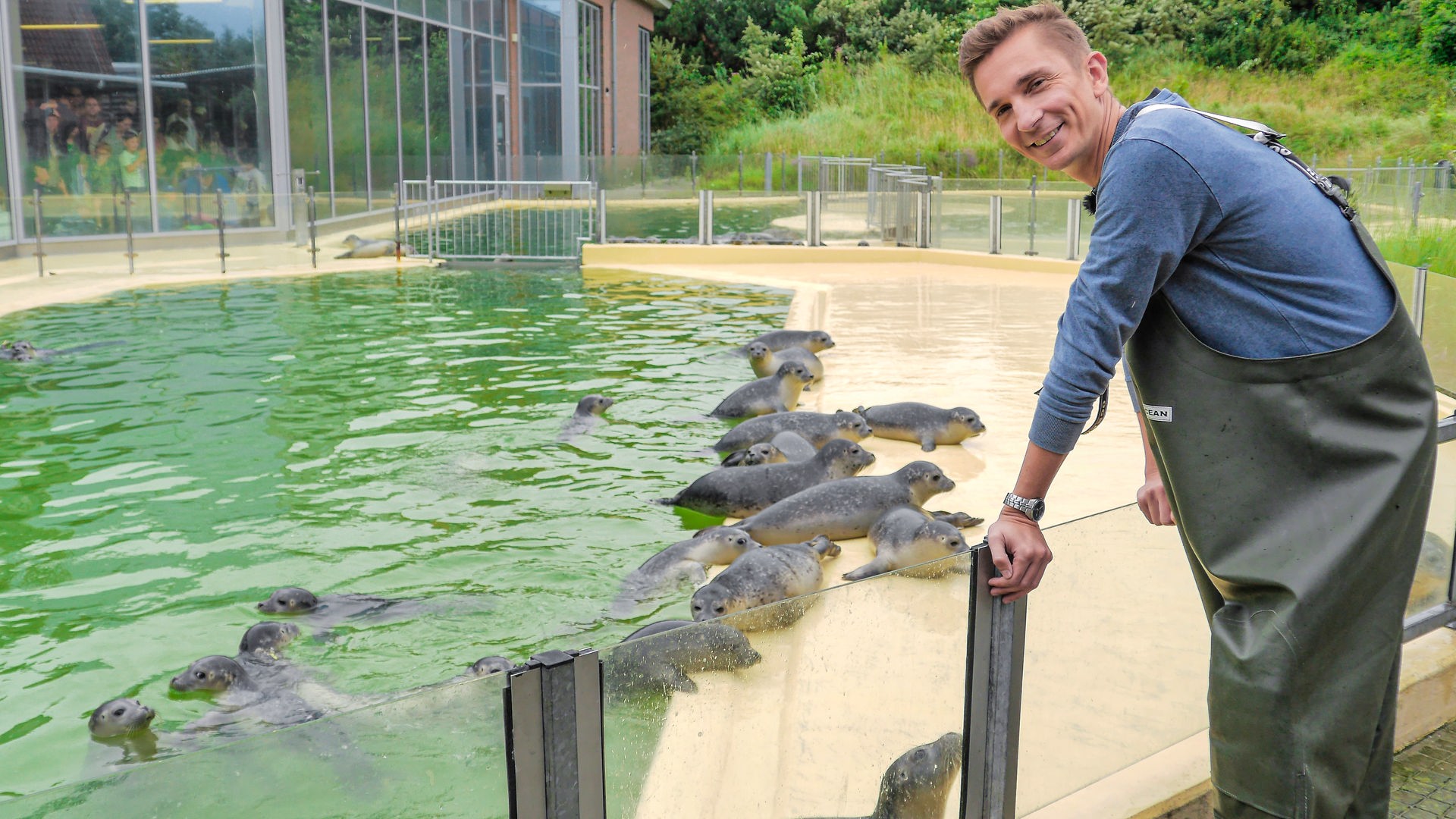 Eric lehnt an einer Glaswand, hinter der ein Robbenbecken zu sehen ist.