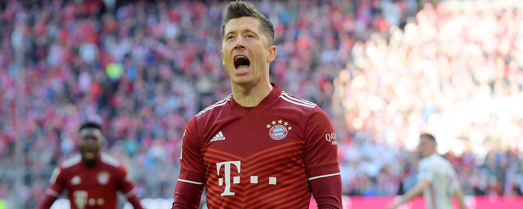 09.04.2022, Fussball 1.Bundesliga, FC Bayern München - FC Augsburg Robert Lewandowskis Torjubel zum 1:0
