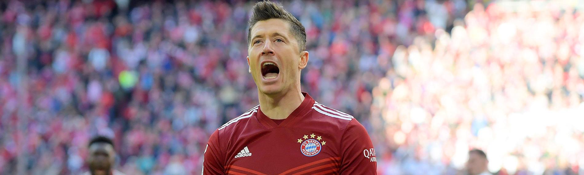 09.04.2022, Fussball 1.Bundesliga, FC Bayern München - FC Augsburg Robert Lewandowskis Torjubel zum 1:0