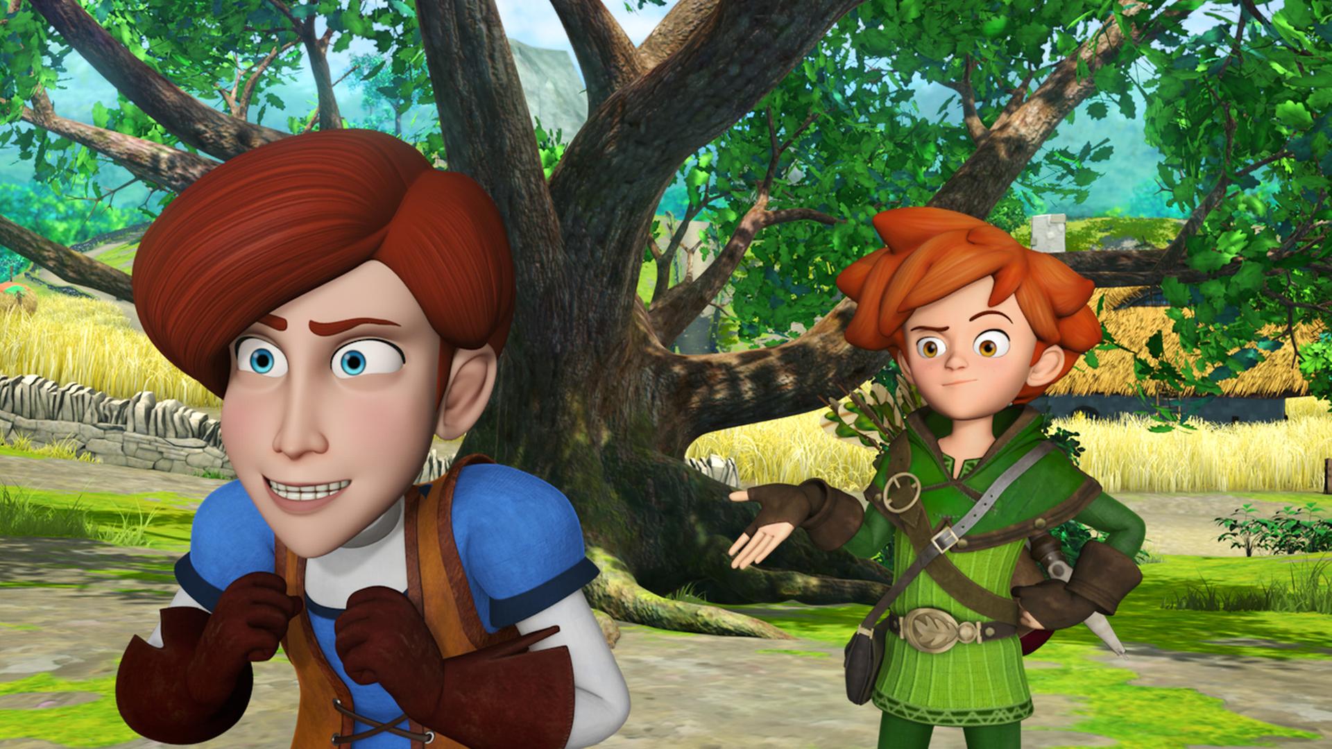 Clarence, der Neuzugang in Robins Bande, steht zusammen mit Robin vor einem Baumstamm. Er beißt mit enthusiastischem Blick die Zähne zusammen.