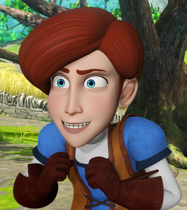 Clarence, der Neuzugang in Robins Bande, steht zusammen mit Robin vor einem Baumstamm. Er beißt mit enthusiastischem Blick die Zähne zusammen.