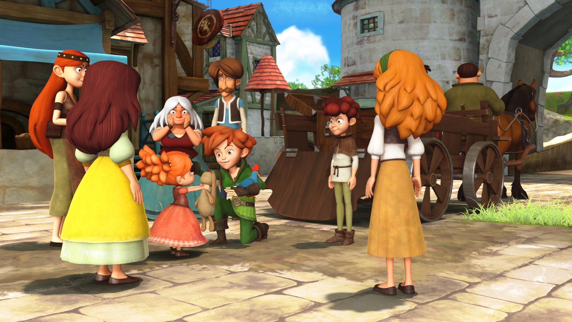 Robin kniet vor einem kleinen Mädchen. Umringt von anderen Kindern und Bewohnern Nottinghams will er den Waisenkindern seine Spenden geben.