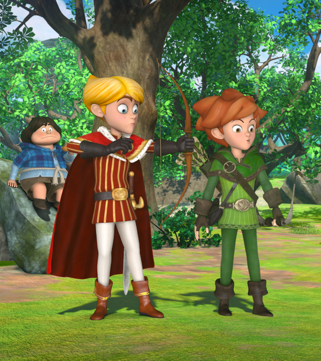 Robin will Prinz John zeigen, wie man richtig mit dem Bogen schießt. Tuck schaut im Hintergrund sitzend dabei zu.