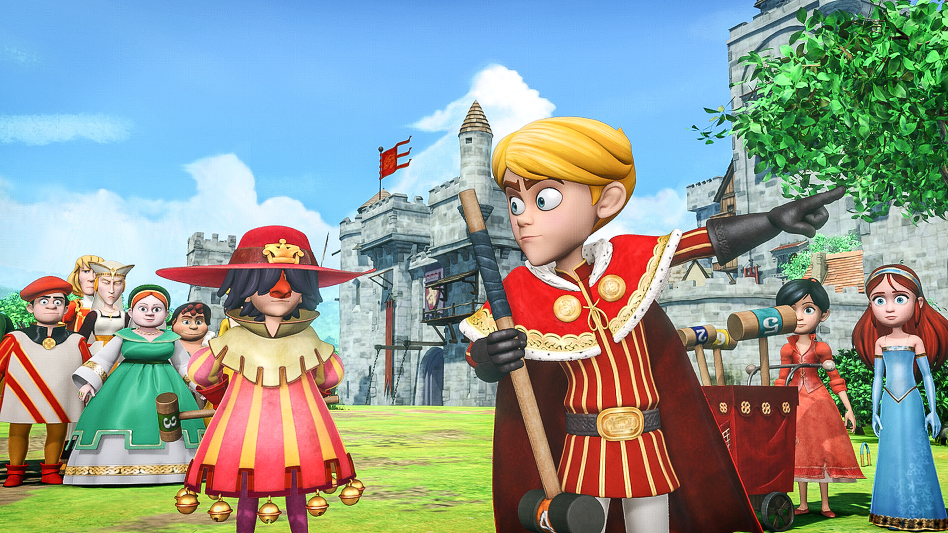 Prinz John spielt Krocket gegen den als Hofnarr verkleideten Robin Hood.