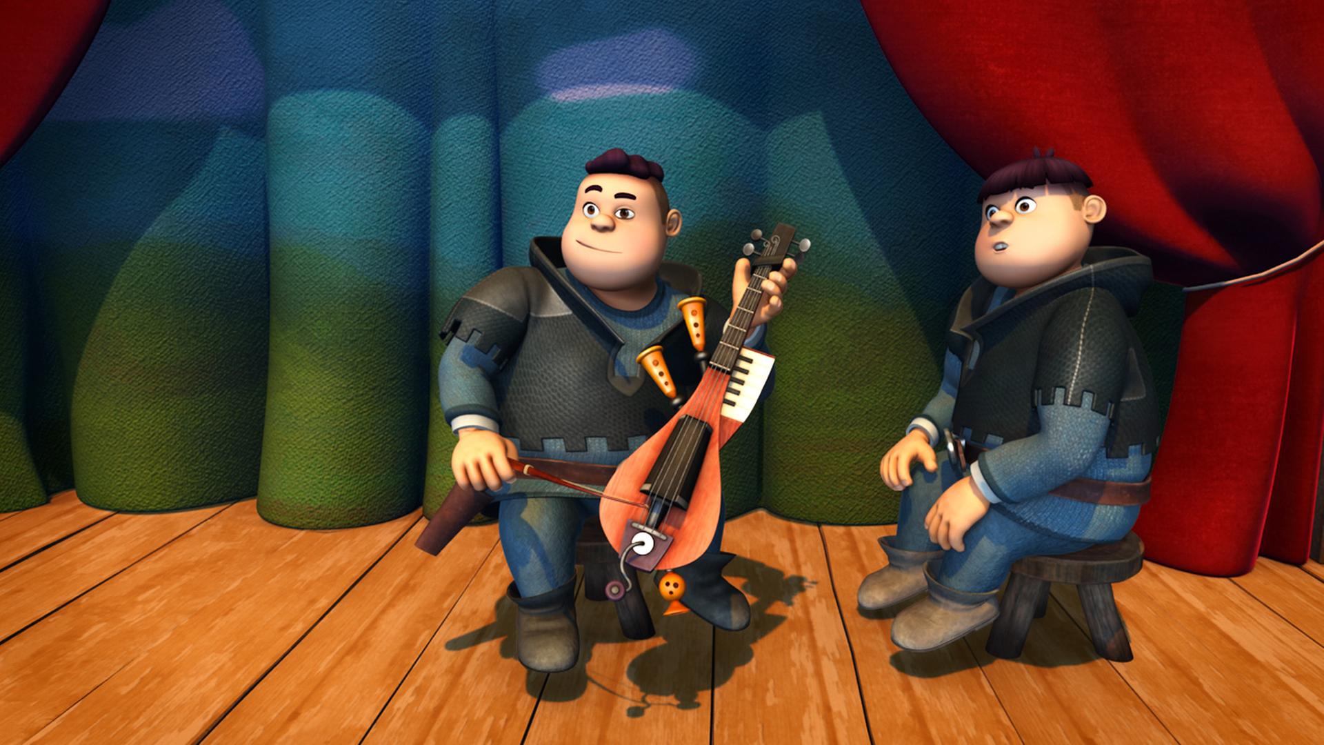 Die zwei Söhne des Sheriffs stehen mit einem der Instrumente des Musik-Wettbewerbs auf der Bühne.