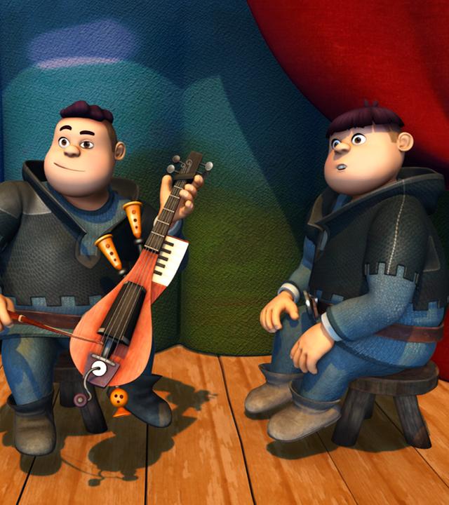 Die zwei Söhne des Sheriffs stehen mit einem der Instrumente des Musik-Wettbewerbs auf der Bühne.