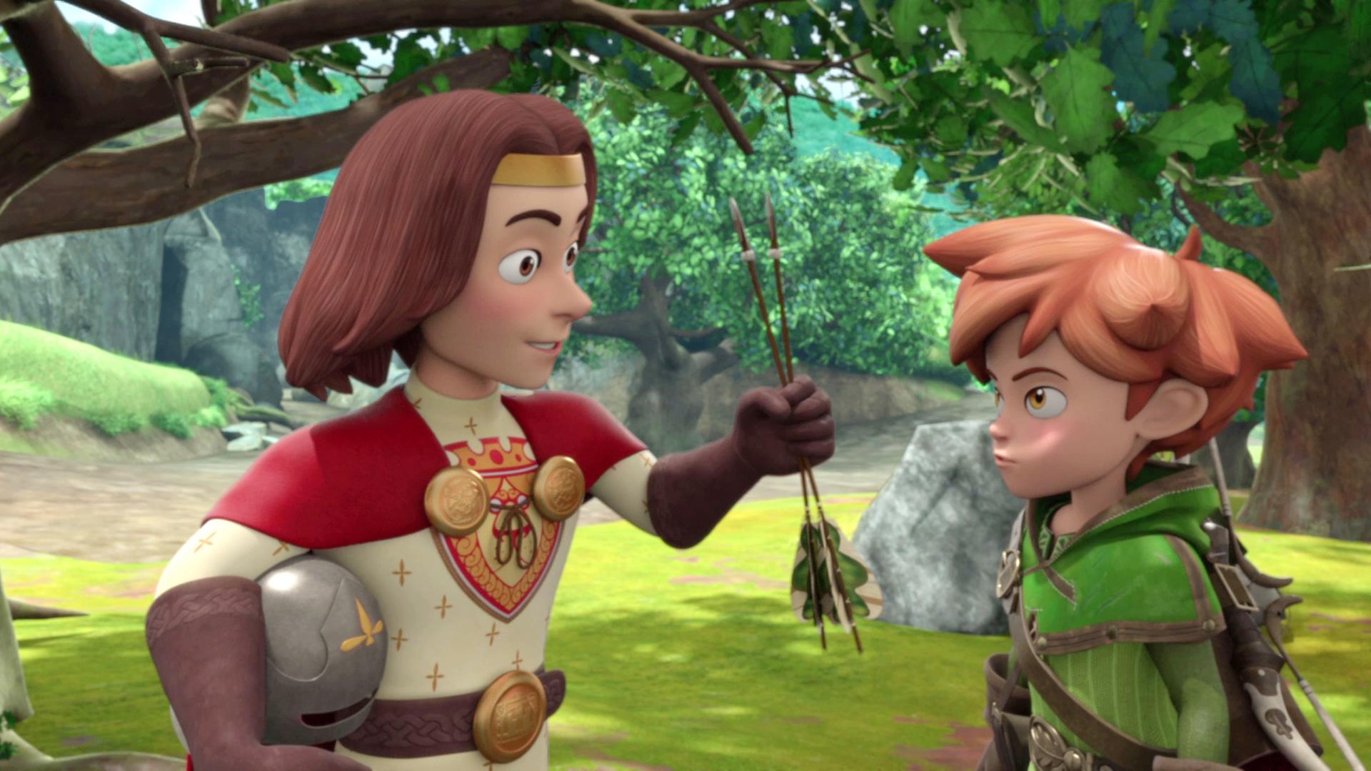 König Richard und Robin Hood stehen im Wald. König Richard trägt einen Helm unter seinem Arm und streckt Robin Hood zwei Pfeile entgegen.