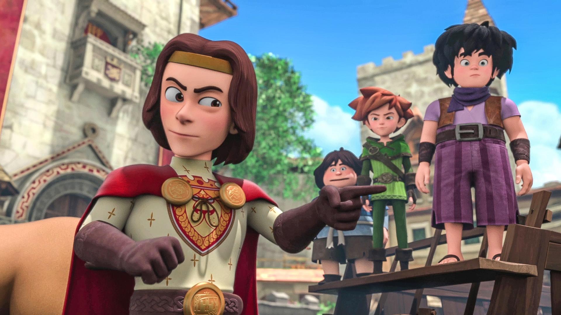 König Richard zeigt mit dem linken Zeigefinger auf etwas. Rechts im Hintergrund stehen Robin und seine Freunde auf einer Tribüne.