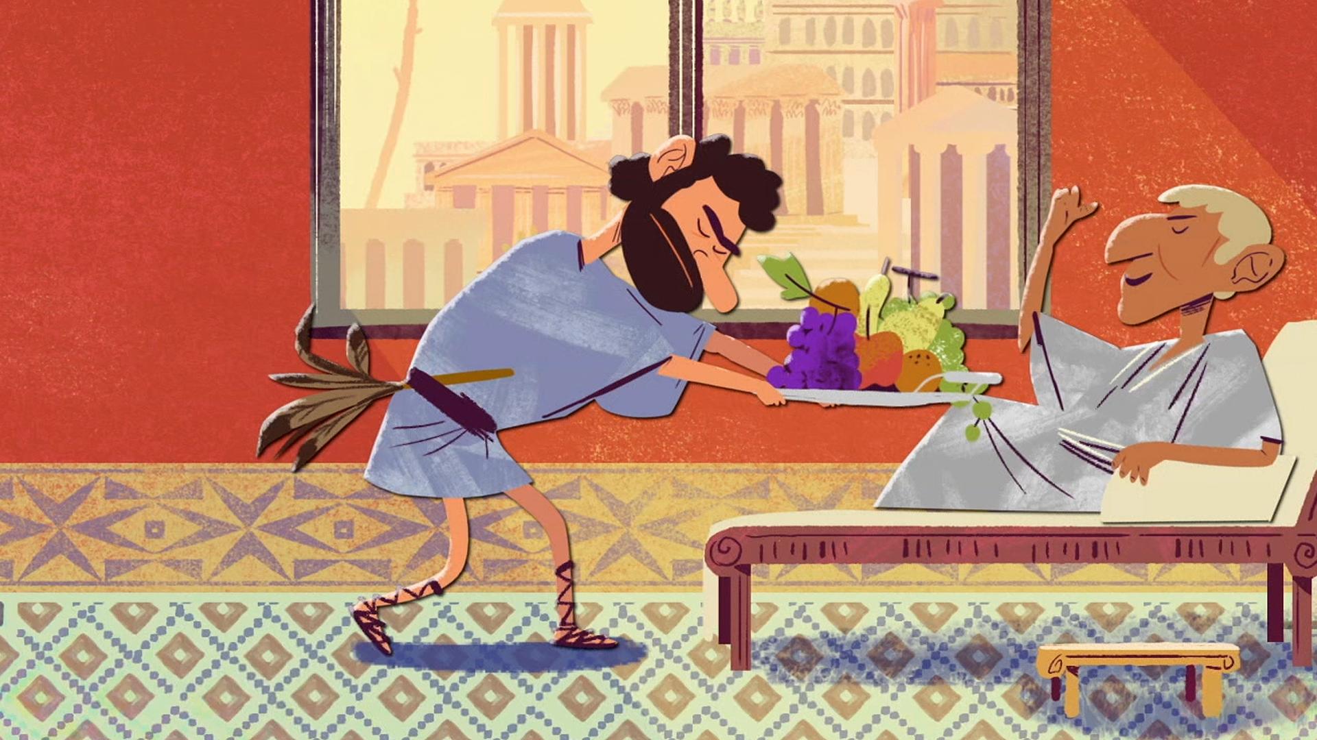 Animation: Ein Sklave bedient den liegenden Diktator Julius Cäsar mit Trauben und anderen Köstlichkeiten