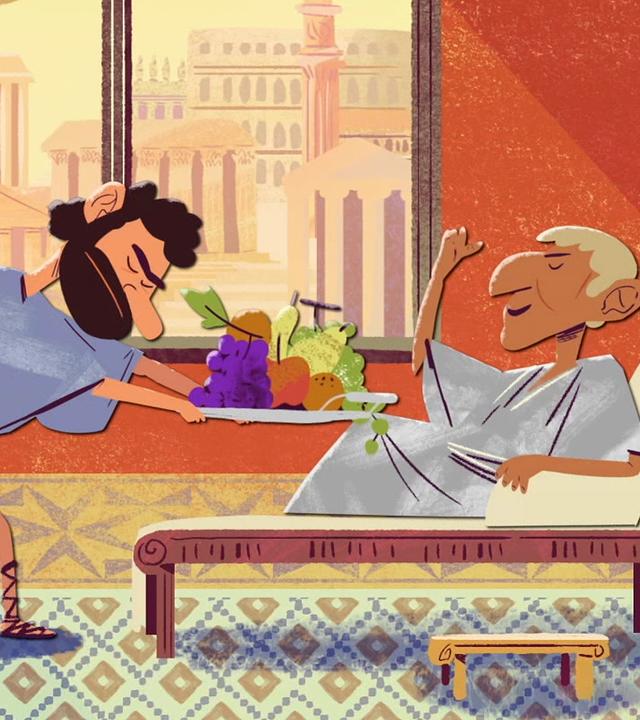Animation: Ein Sklave bedient den liegenden Diktator Julius Cäsar mit Trauben und anderen Köstlichkeiten