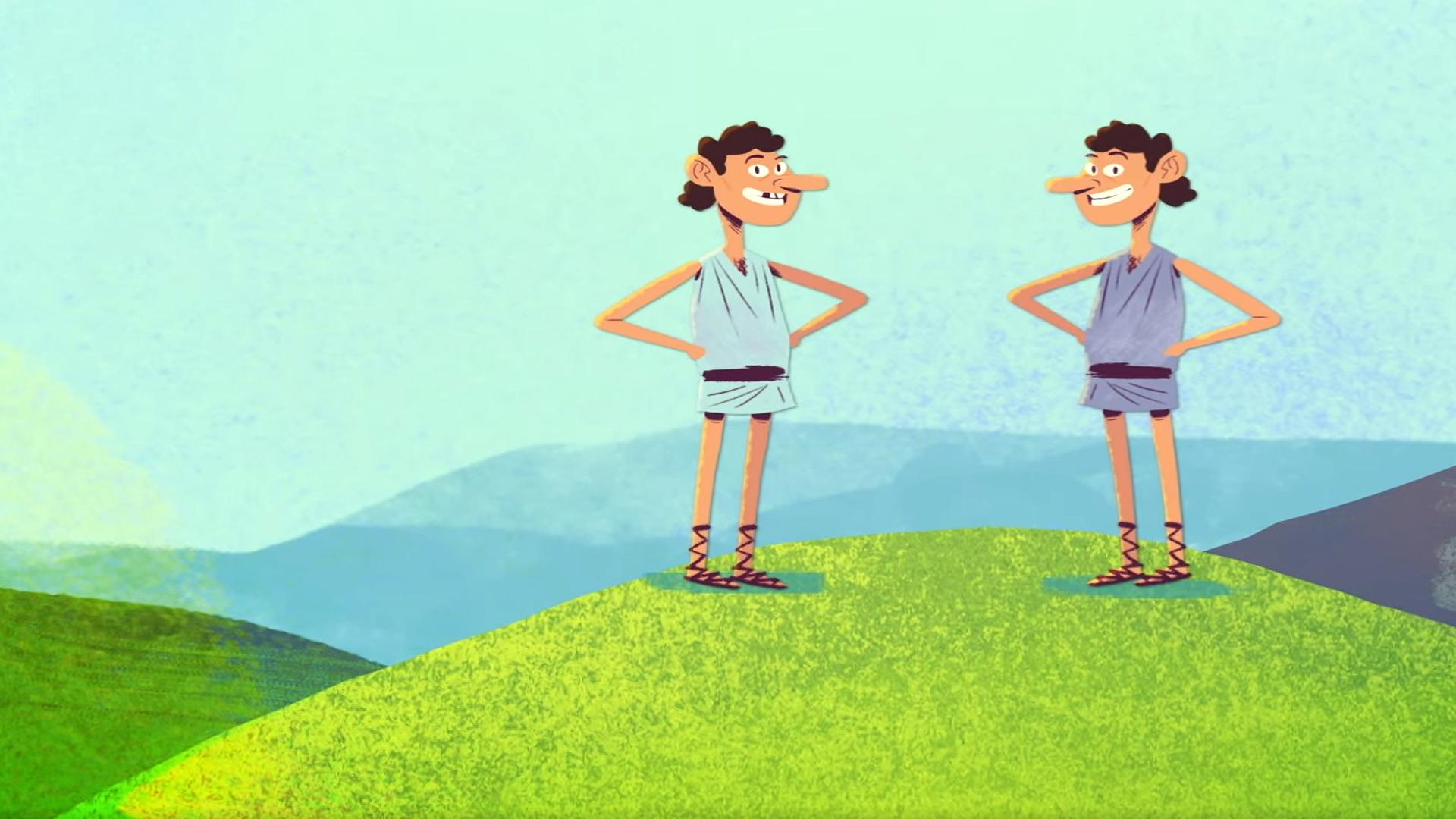Animation: Die Brüder Romulus und Remus stehen auf einem Berg