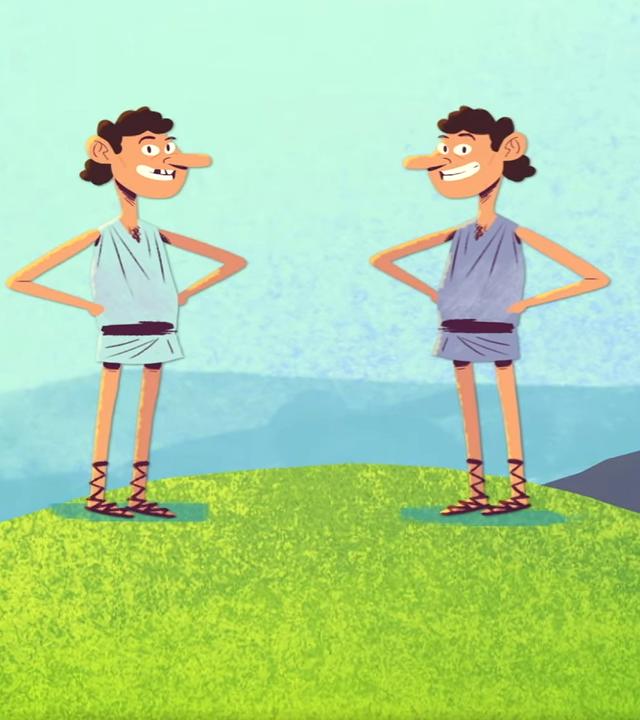 Animation: Die Brüder Romulus und Remus stehen auf einem Berg