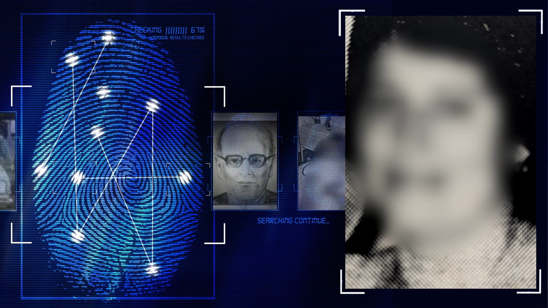 Foto des Opfers. Das Gesicht wurde im Bild technisch verfremdet. Links daneben: Lichtschematische Darstellung eines Fingerabdrucks.