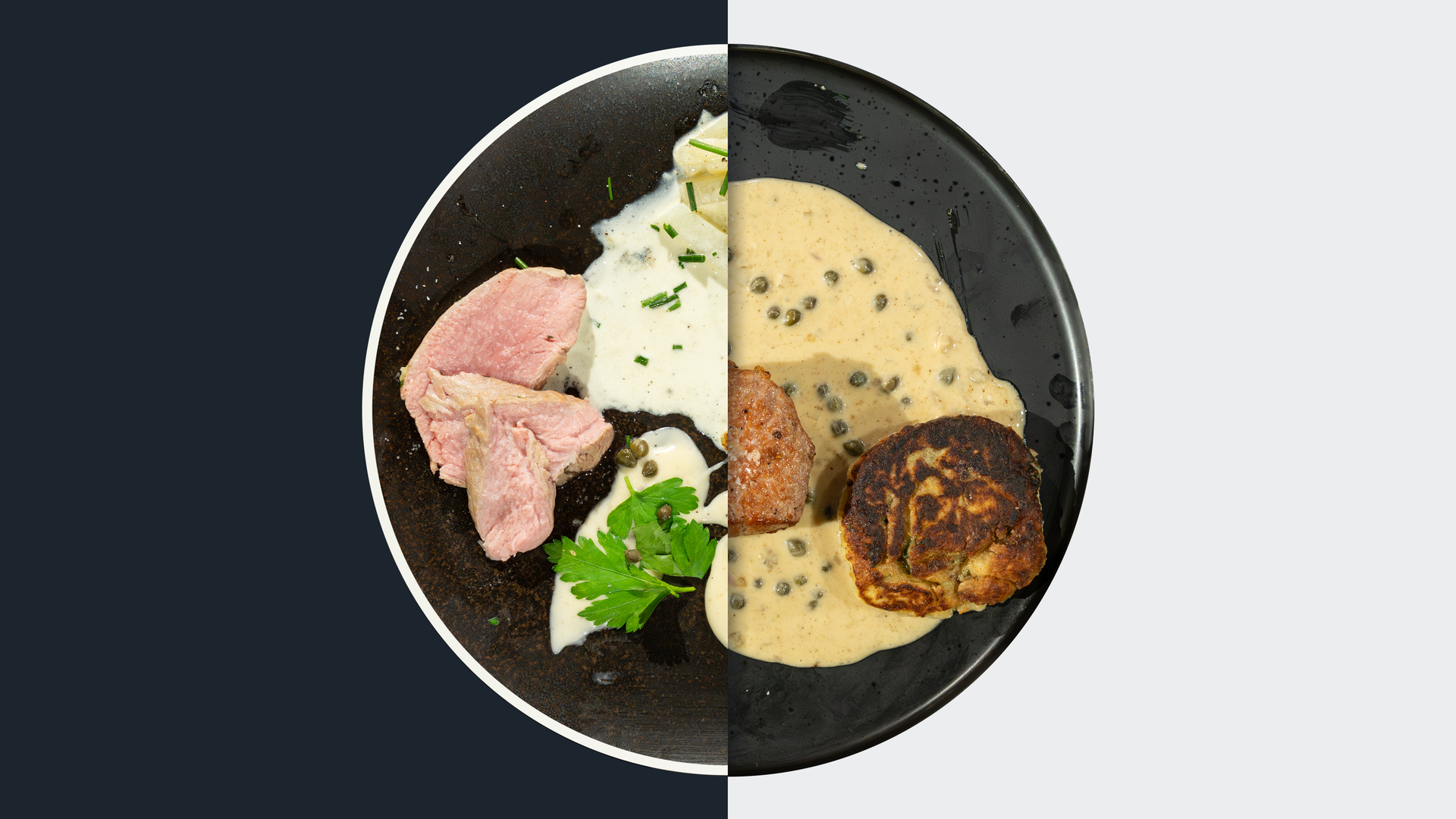 Rosa gebratene Kalbshüfte mit Kartoffelplätzchen