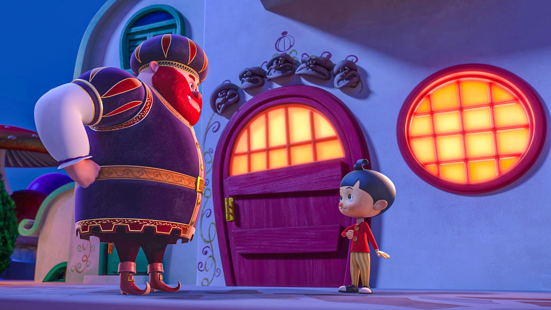 Pinocchio steht vor dem Oger Rotbart, der seine Fäuste auf der Hüfte stützt und auf Pinocchio hinunterblickt. Sie stehen vor Rotbarts Haus in dem Licht brennt, was durch die Fenster scheint. 