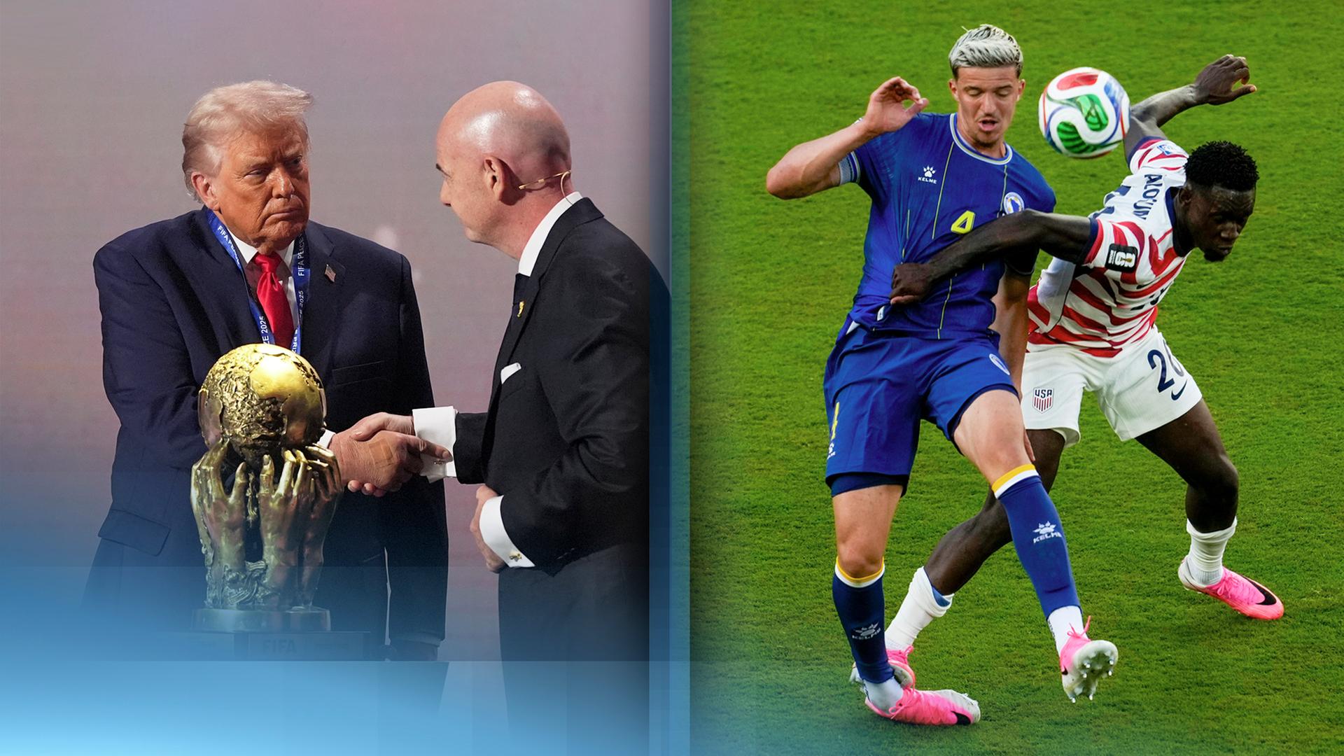 Splitscreen: links ein Bild von Donald Trump und Gianni Infantino hinter dem WM-Pokal. Rechts ein Bild von dem Faul des USA-Nationalspielers.