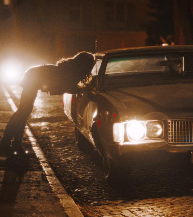 Ein Auto hält nachts am Straßenrand. Die Scheinwerfer leuchten, während sich eine junge Frau zum Beifahrerfenster herein beugt, um mit dem Fahrer zu sprechen.