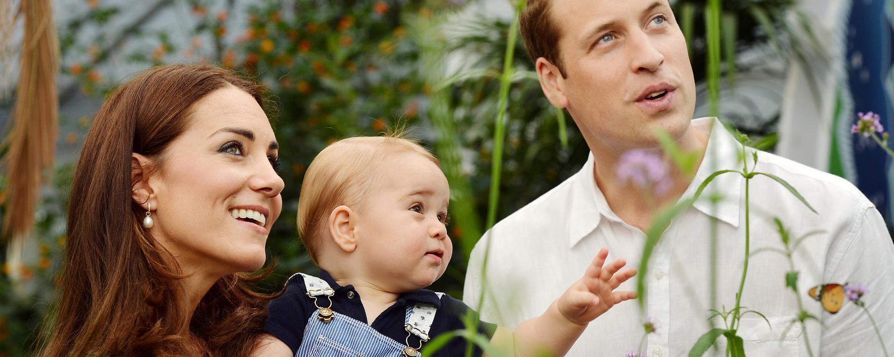 Catherine, Herzogin von Cambridge, und Prinz William, Herzog von Cambridge mit ihrem Sohn Prinz George, während des Besuch der Ausstellung "Sensational Butterflies" im Natural History Museum am 2. Juli 2014 in London.