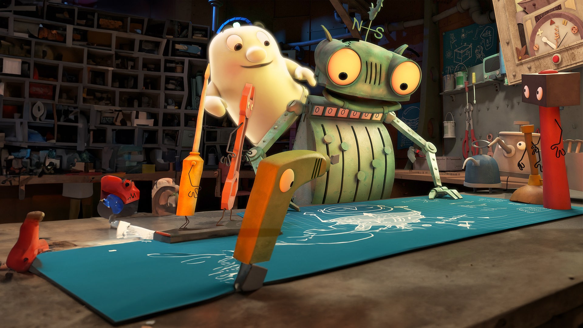 Ritter Rost mit einem kleinen Gespenst. Es zeigt ihm die Baupläne von Röstis Vater.