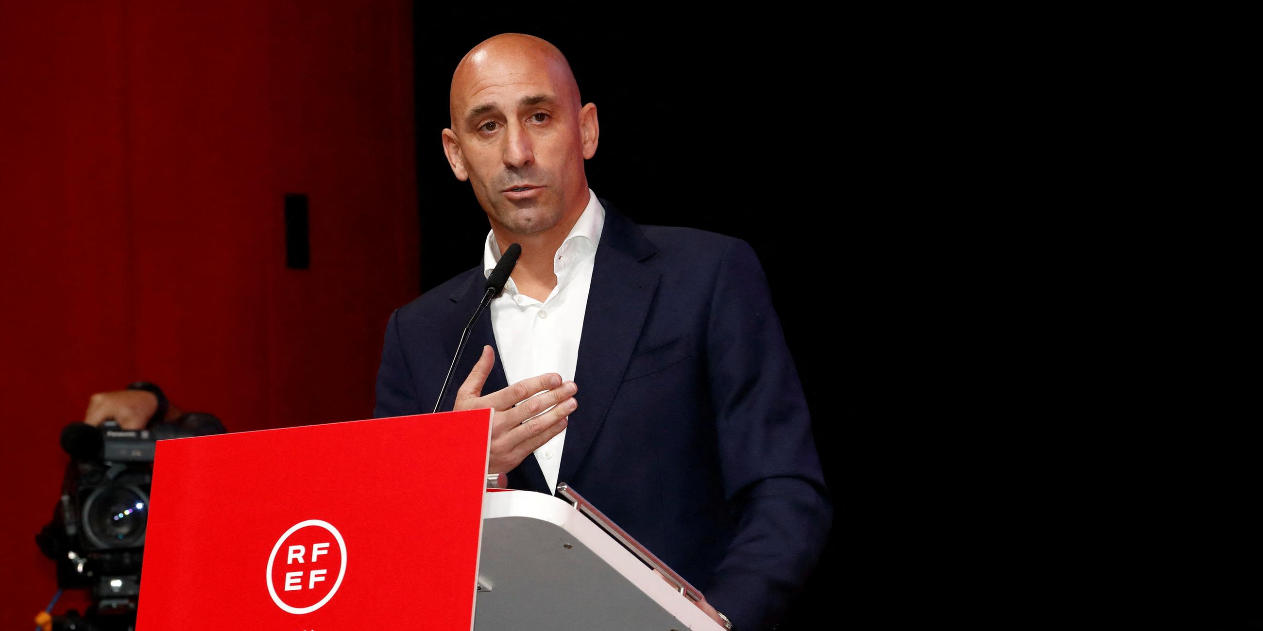 Spanish Soccer Federation Meeting - Ciudad Del Futbol Las Rozas, Las Rozas, Spain - August 25, 2023 President of the Royal Spanish Football Federation Luis Rubiales announces he will be staying as president during the meeting.