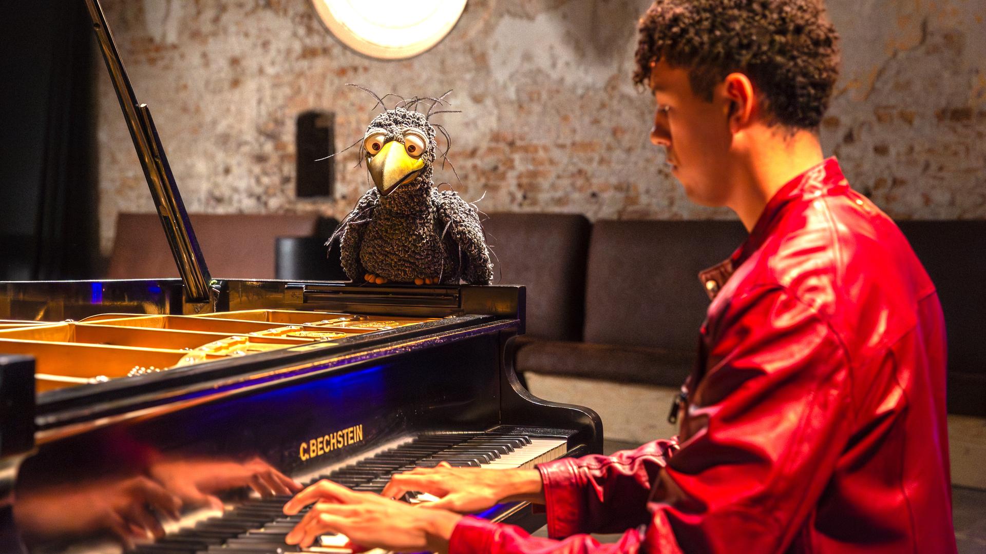 Blick durch den Flügel: Louis Philippson und Rudi sitzen hinter dem Flügel und schauen freudig in die Kamera. Rudi hebt dabei seine Flügel.